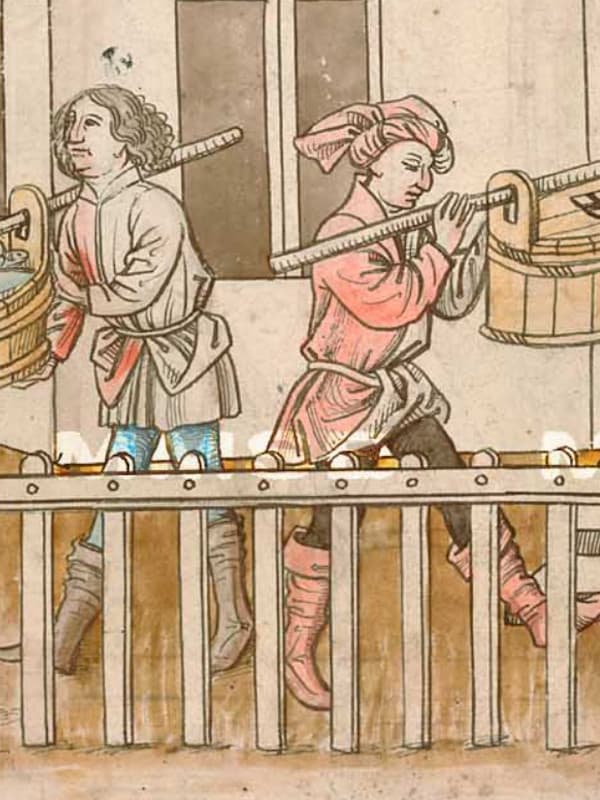 Vysoká jezdecká bota se zapínáním na záhyb, výřez z Richentalovy kroniky (1470-1480)