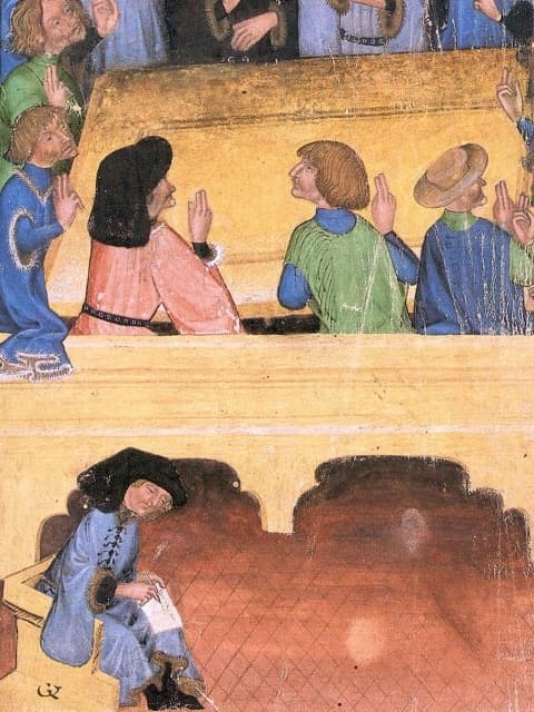 Jednoduché černé kápě nasazená obličejovým otvorem na hlavu mají jeden z konšelů a písař ve výřezu z Památné knihy Olomoucké (1430-1492).