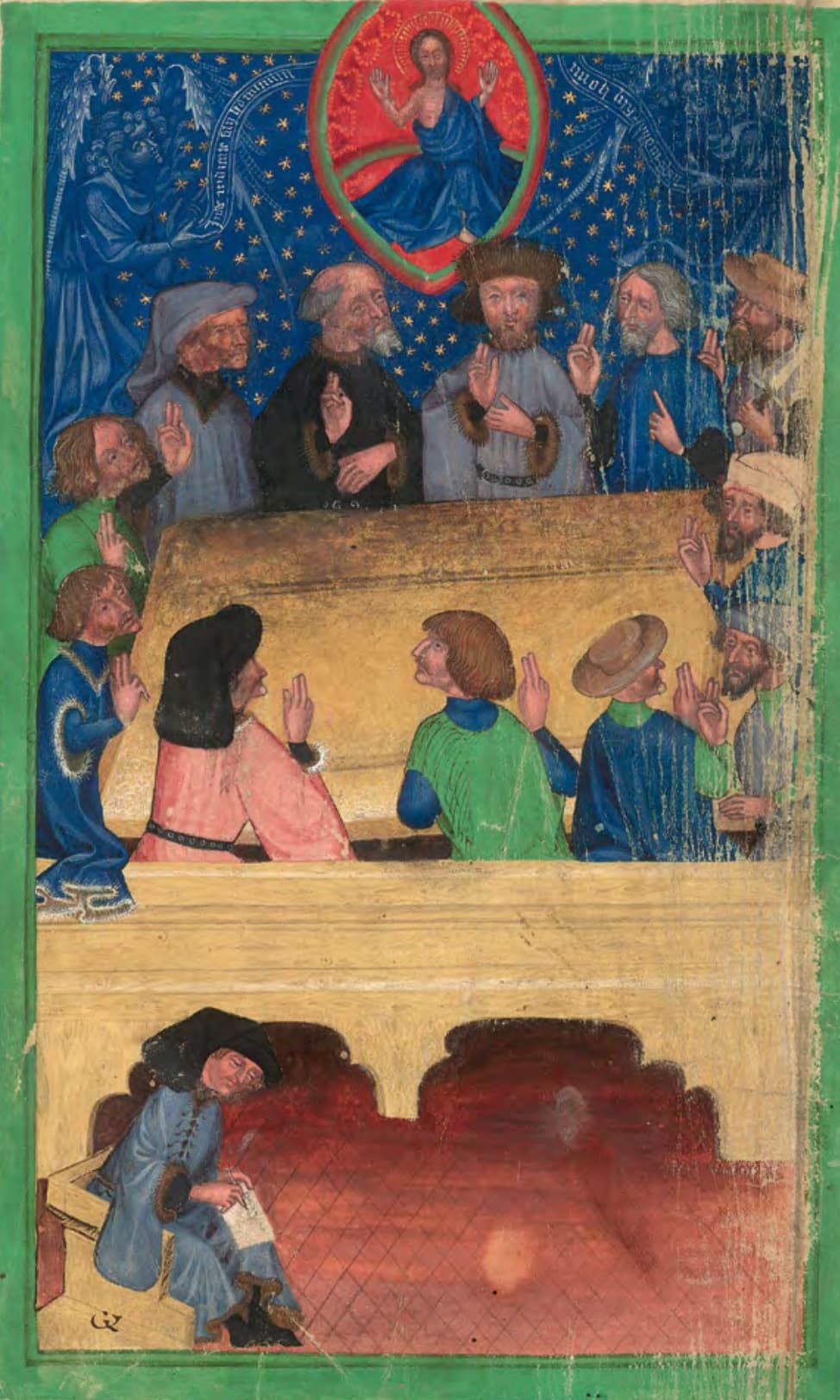 Zasedání městské rady na vyobrazení z Památné knihy Olomoucké (1430 - 1492). Písař Václav z Jihlavy (vlevo dole) má modrou sukni, podšitou kožešinou, s hranatým pytlovitým rukávem a pouze jedním otvorem pro ruku. Konšel v modrém nad ním má sukni s pytlovitým, ale na konci volným rukávem, anologicky s mužem v zeleném z iluminace ze Zkrácených kronik od Davida Auberta. Rovněž je zde vidět, jak české sukně působí proti svým západním vzorům poněkud splihle.
